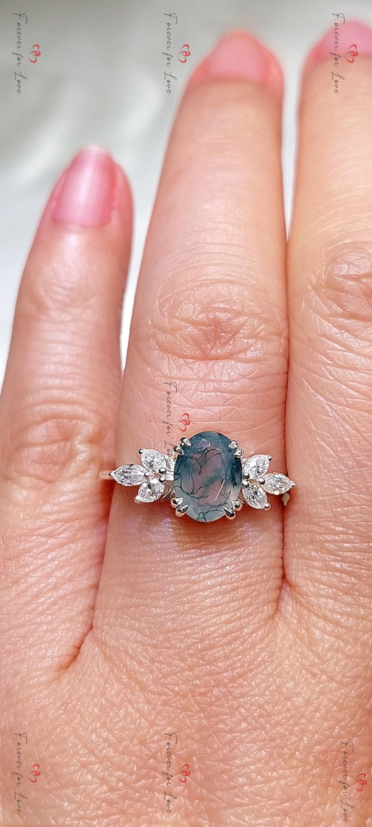 Natural Moss Agate Oval Engagement Ring White Gold Accented Vintage Promise Ring Marquise Diamond Promise Ring Anniversary Wedding Ring
