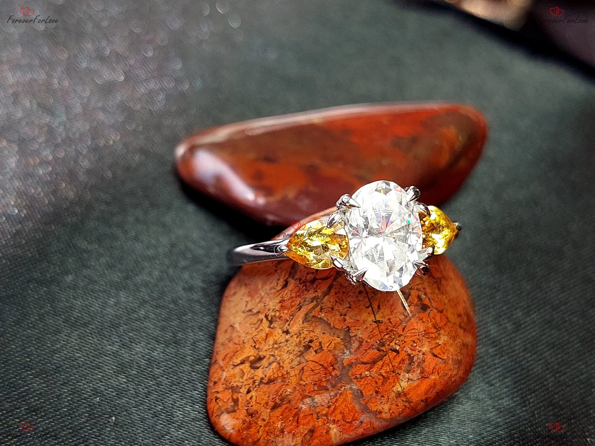 Oval Moissanite, Citrine Three Stone Engagement Ring