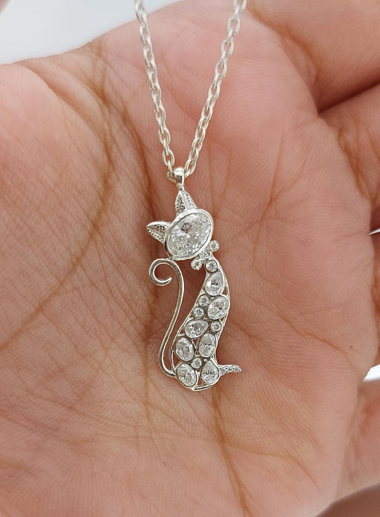 Cat diamond Necklace, 14k white Gold, Dainty Minimalist cat Pendant, Diamond Womens Necklace, Special Gift For Her.