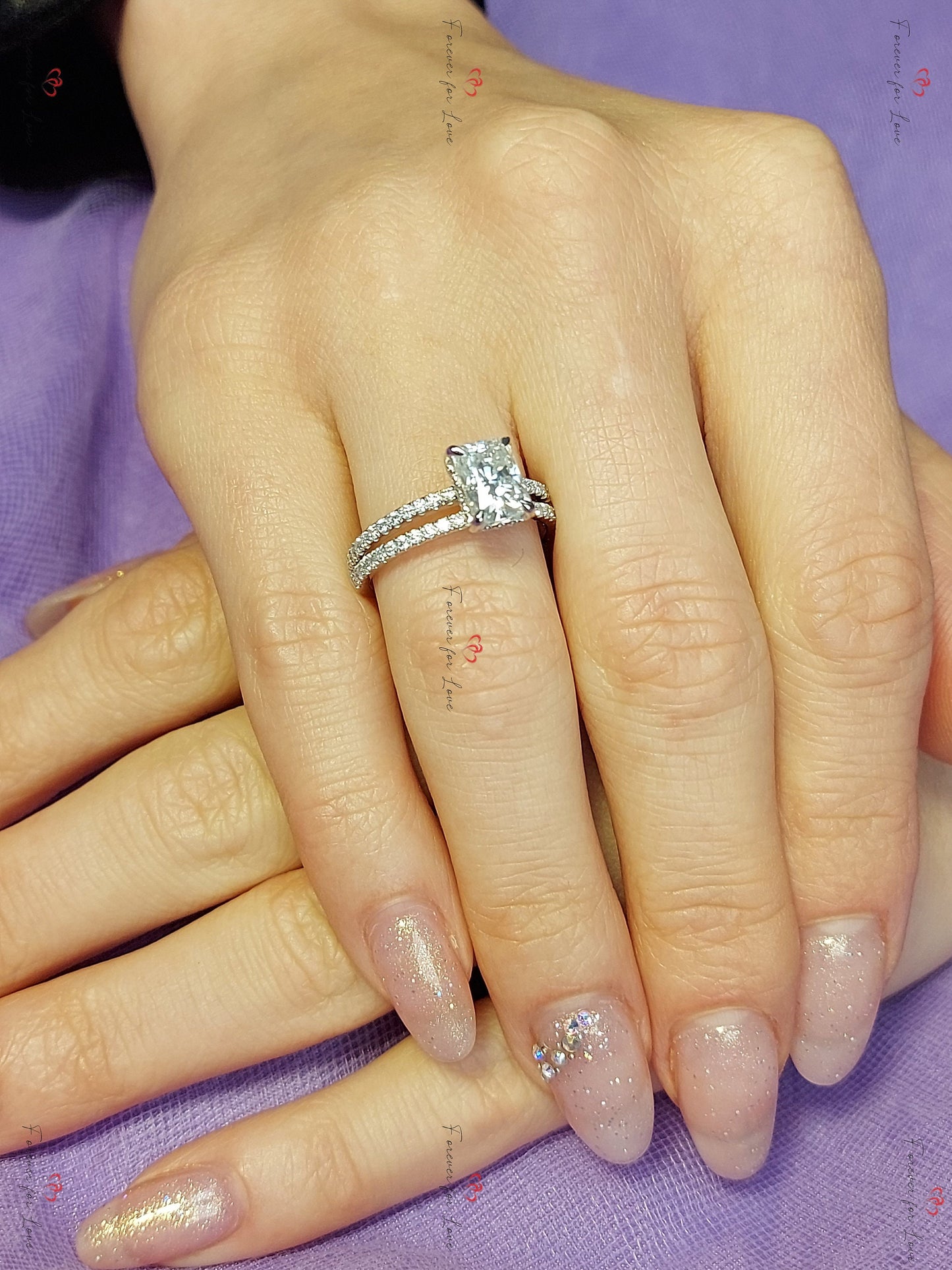 2 Ct Radiant Moissanite Engagement Ring Radiant cut 1Ct Moissanite Brilliant Cut engagement ring in 935 Argentium Silver — custom handcrafted by Forever For Love