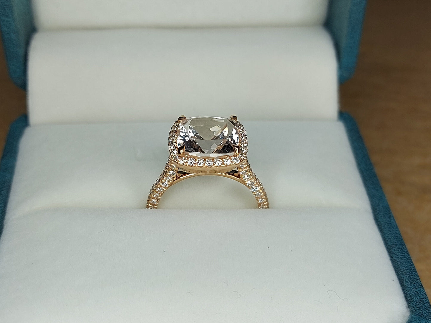 Cushion Cut Halo 4 Ct Morganite and Natural Diamond Engagement Ring, Solid Rose Gold Bridal Women Ring Anniversary Gift. Cushion cut Moissanite engagement ring in Gold or Platinum — custom handcrafted by Forever For Love