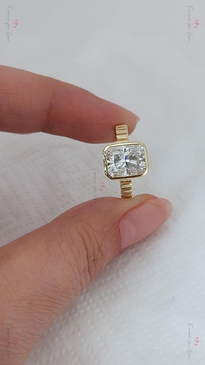 Unique Vintage 1.5 Carat Radiant cut Moissanite Engagement Ring, Bezel setting Proposal Anniversary Ring