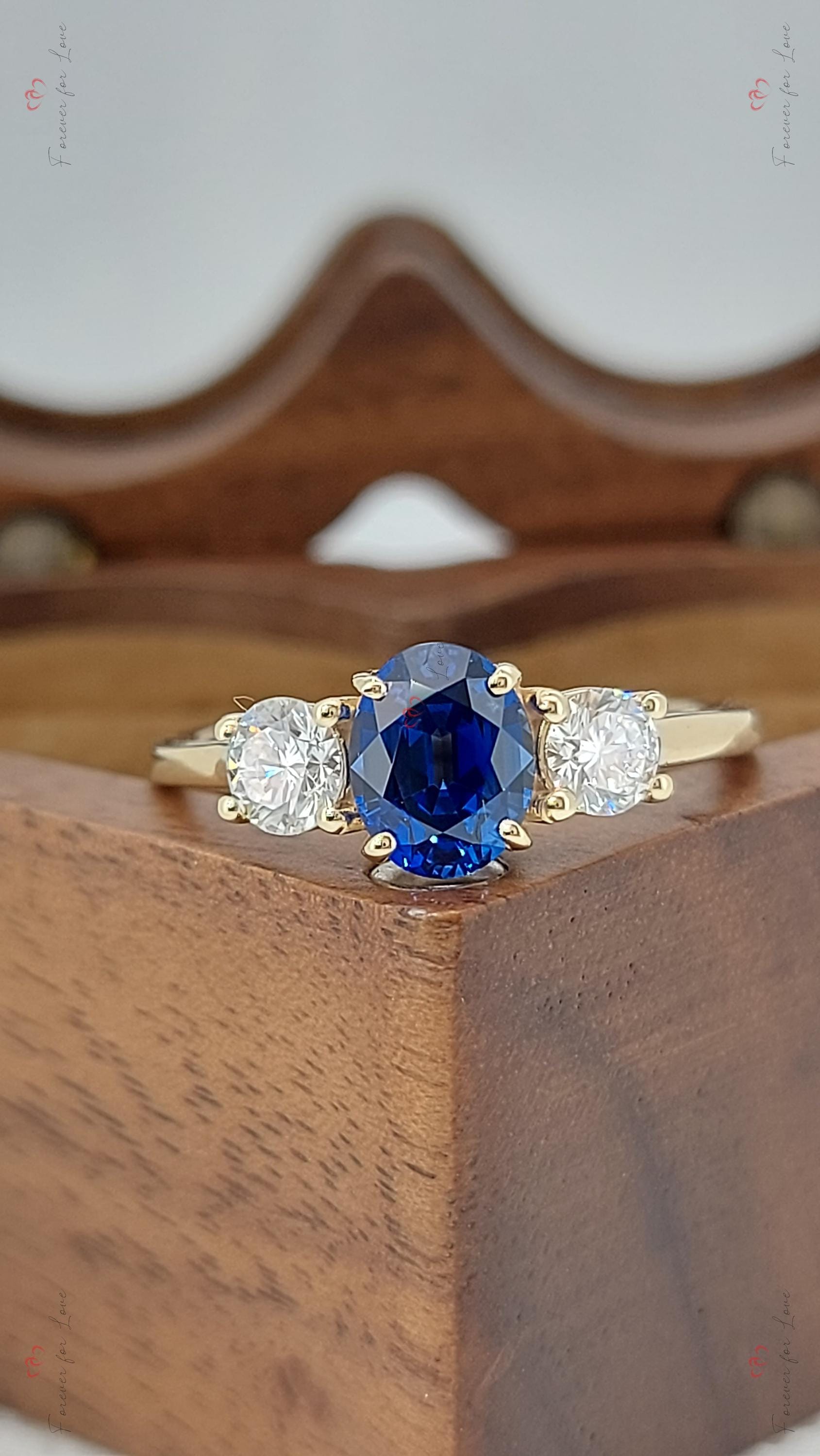 Round Blue Lab Diamond, Sapphire Three Stone Ring