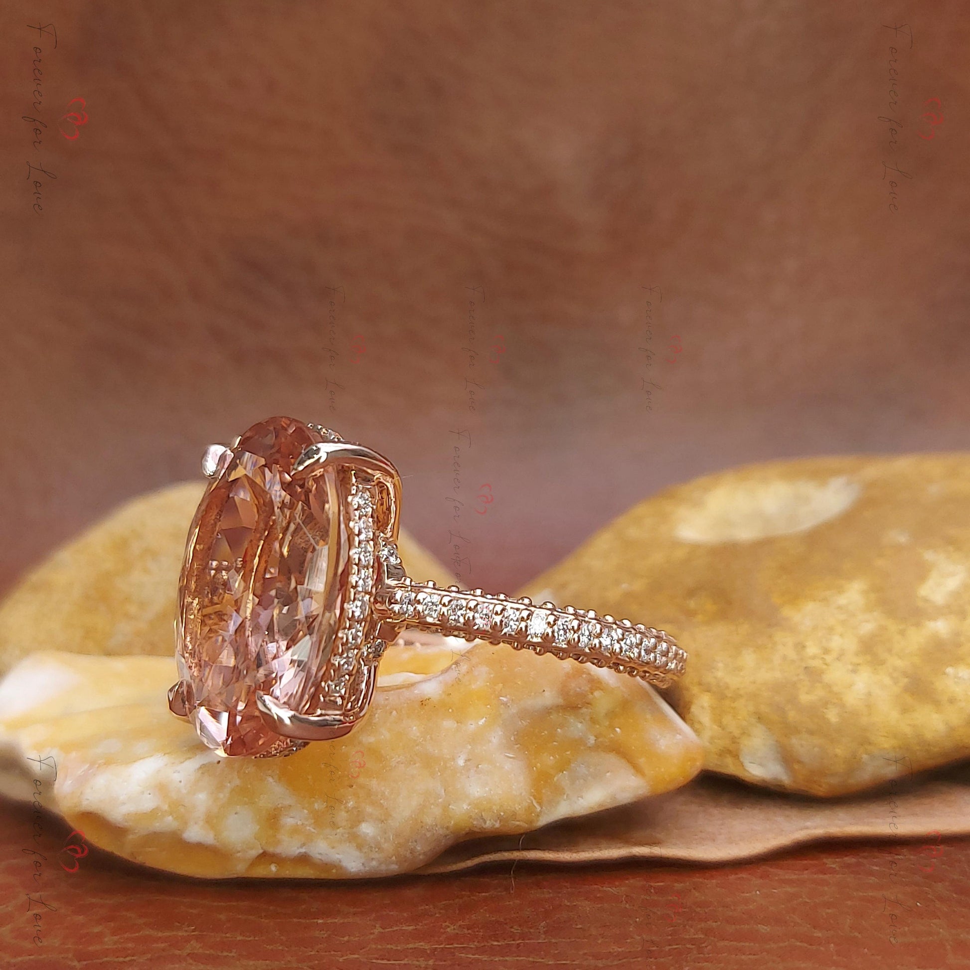 Oval Diamond, Morganite Hidden Halo Engagement Ring