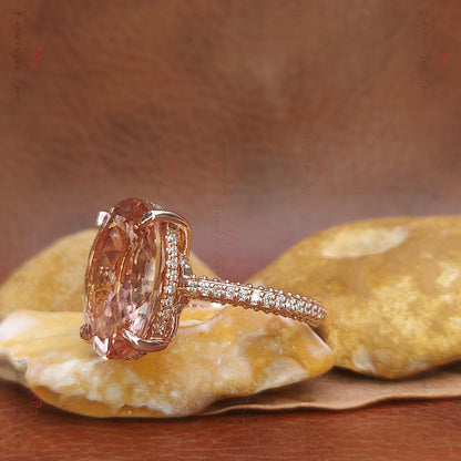 Oval Diamond, Morganite Hidden Halo Engagement Ring