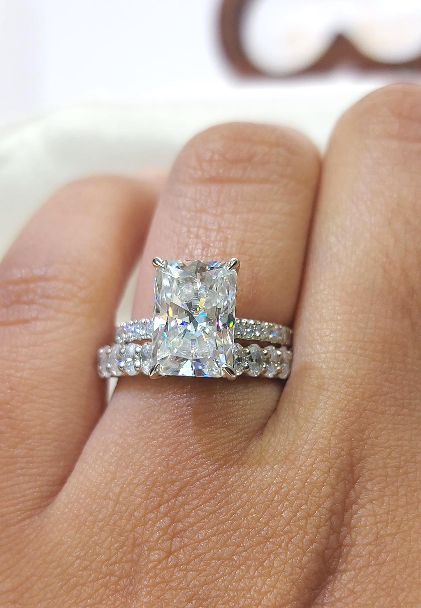 2.5 Ct Radiant Moissanite Eternity Ring Radiant cut Moissanite Brilliant Cut engagement ring in 935 Argentium Silver — custom handcrafted by Forever For Love
