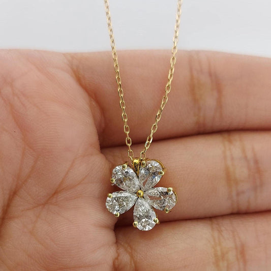 1.25ct Pear Shape Lab Diamond Flower Necklace, Solitaire Diamond Necklace, Solid Gold Jewelry, Flower Pendant, Perfect gift for her