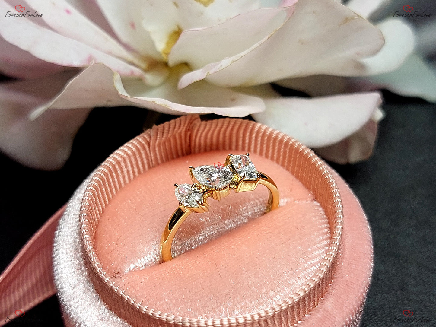 Oval, Radiant & Pear Moissanite Three Stone Engagement Ring Oval with accents cut Moissanite engagement ring in Gold or Platinum — custom handcrafted by Forever For Love