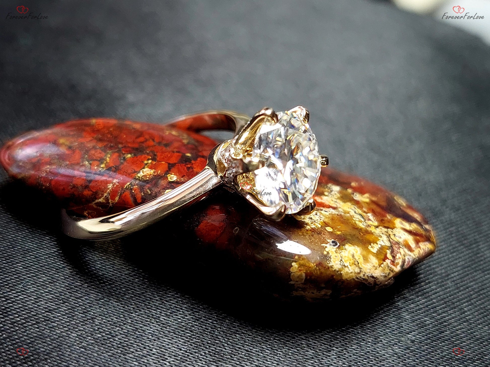3CT Unique Round Moissanite and Diamond Engagement Ring Solid Yellow Gold Promise Ring Proposal Anniversary Ring Gift for Her