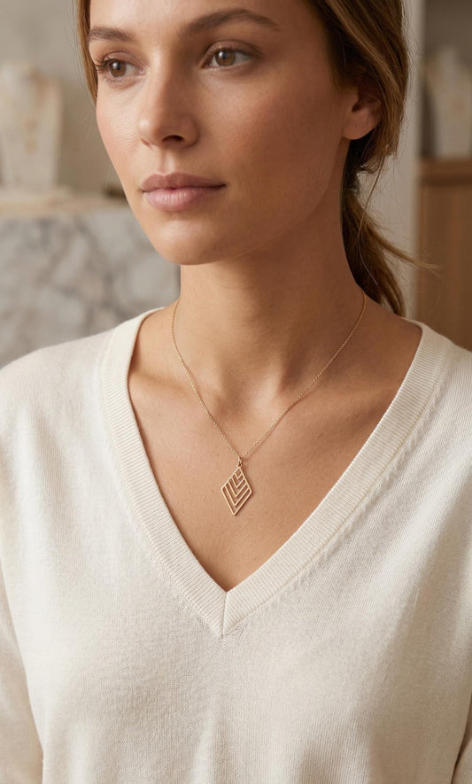 Geometric Chevron Pendant Necklace, Minimalist Gold Layered Diamond Shape Necklace, Modern Everyday Jewelry, Dainty Gold Necklace
