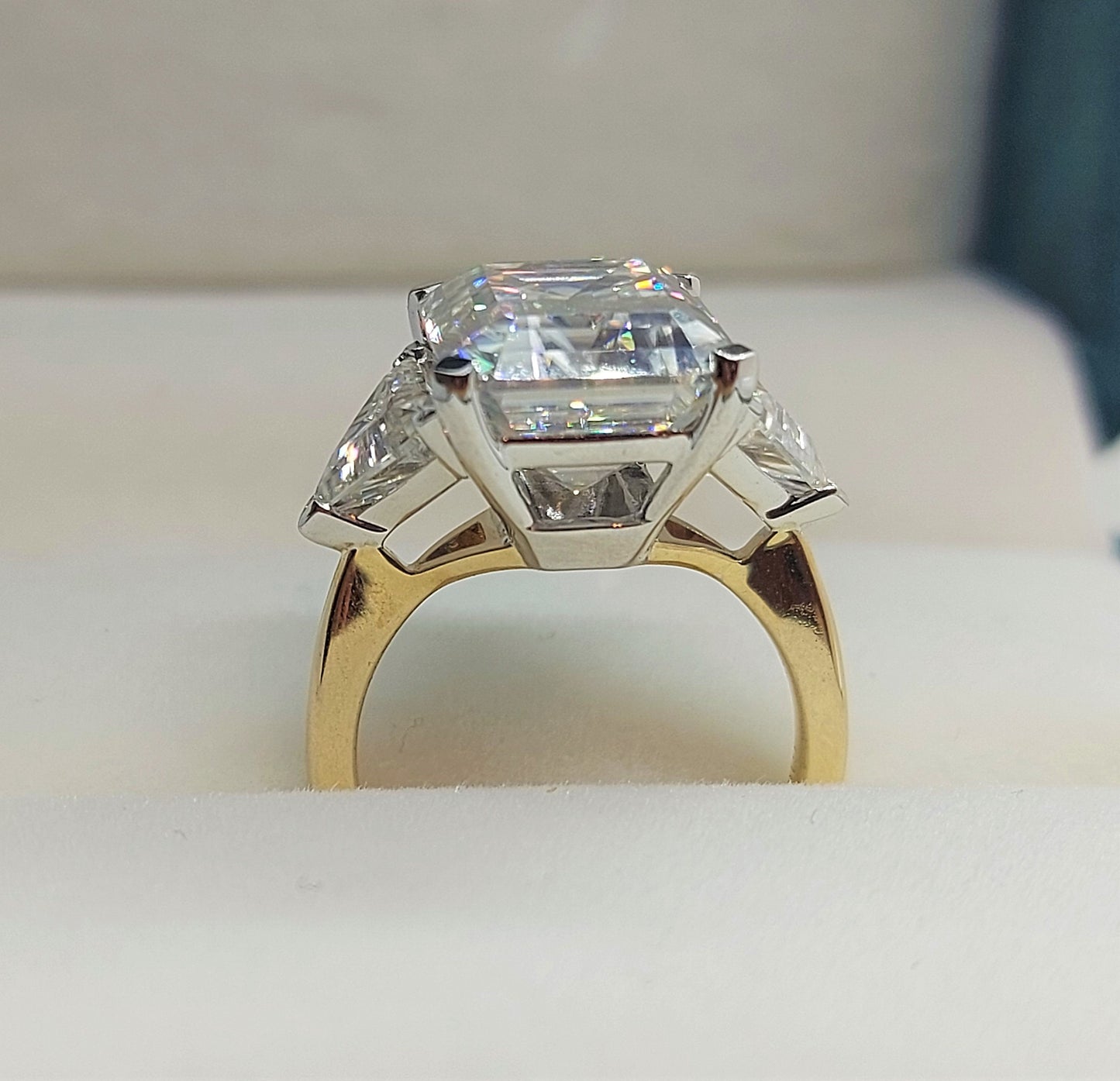 5 Ct Emerald Moissanite with Trillion Accents Three Stone Ring Emerald cut Moissanite engagement ring in Gold or Platinum — custom handcrafted by Forever For Love