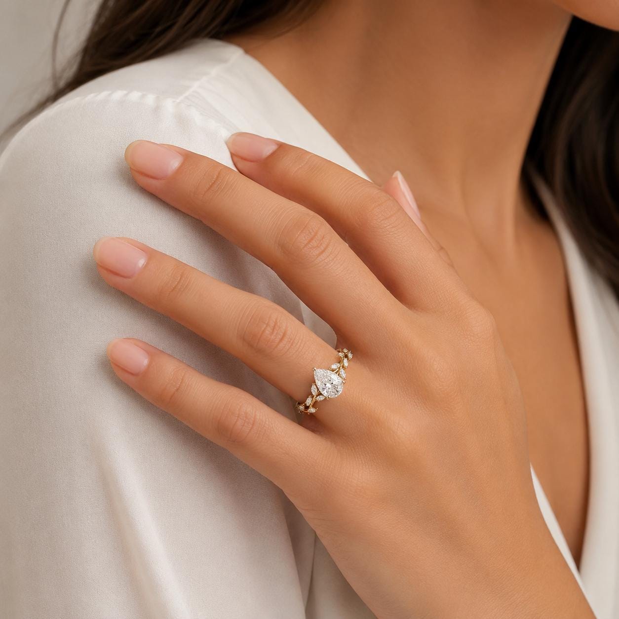 14k Solid Gold Pear Cut Diamond Engagement Ring, Nature Inspired Lab Grown Diamond Ring for Women, Handmade Anniversary Gift for Her
