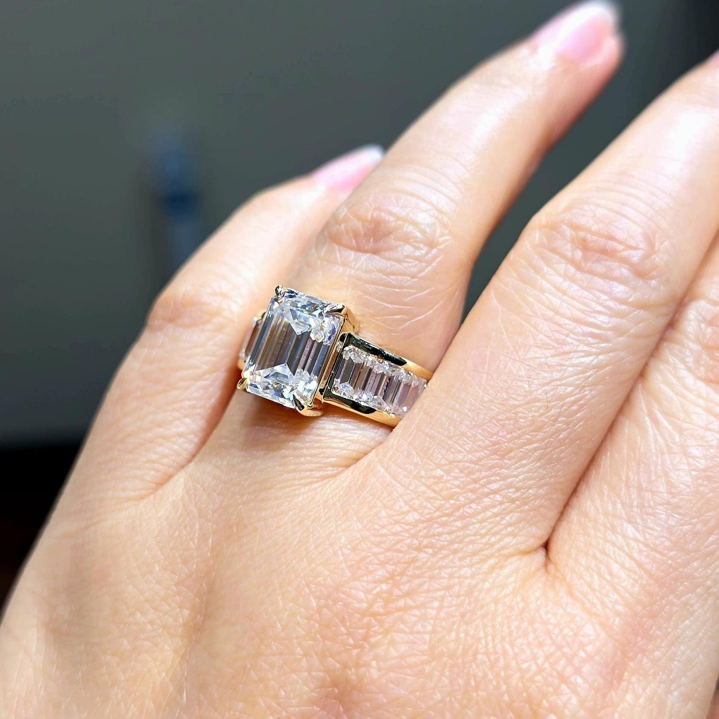 Bague de fiançailles diamant émeraude Emerald cut 1Ct Moissanite taille brillant engagement ring in Gold or Platinum — custom handcrafted by Forever For Love
