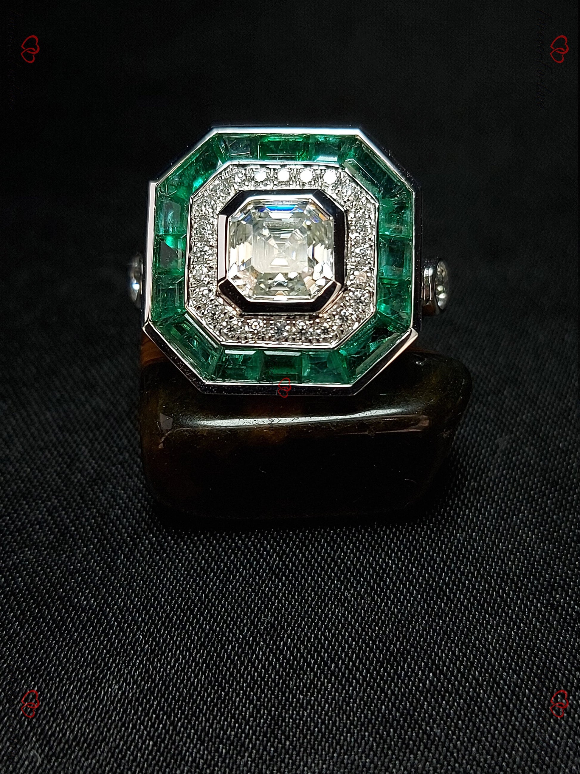 Asscher Moissanite, Emerald Halo Engagement Ring