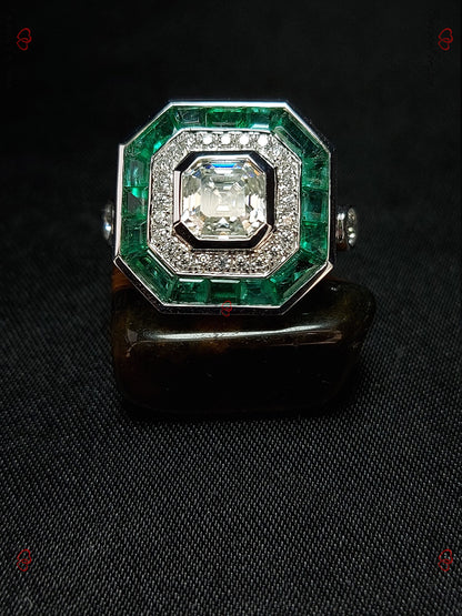 Asscher Moissanite, Emerald Halo Engagement Ring