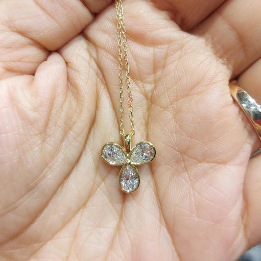 Pear diamond clover Necklace, 14k Yellow Gold, Dainty Minimalist Heart Pendant, Real Diamond Womens Necklace, Special Gift For Her.