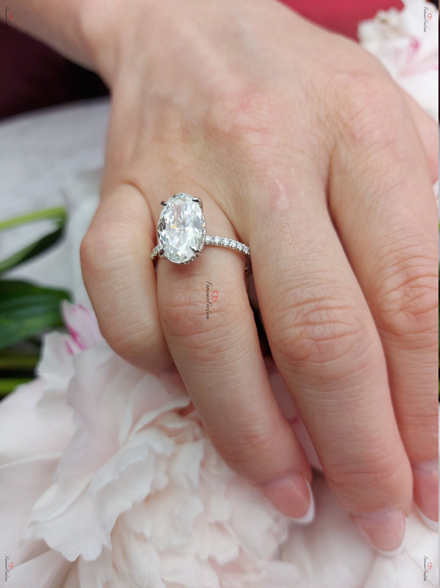 5 CT Crushed Ice Oval Moissanite Engagement Ring: 14k White Gold Hidden Halo Oval cut 1Ct Moissanite Brilliant Cut engagement ring in 935 Argentium Silver — custom handcrafted by Forever For Love