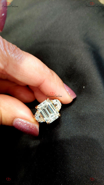 5 Ct Emerald Moissanite, Moonstone Three Stone Engagement Ring