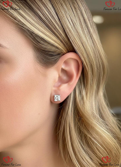 Boucles d'oreilles clous en diamants de laboratoire taille Asscher, poids total 3 carats, couleur E, pureté VVS2, en or blanc 14k avec fermoirs poussoirs, cadeau parfaitement assorti