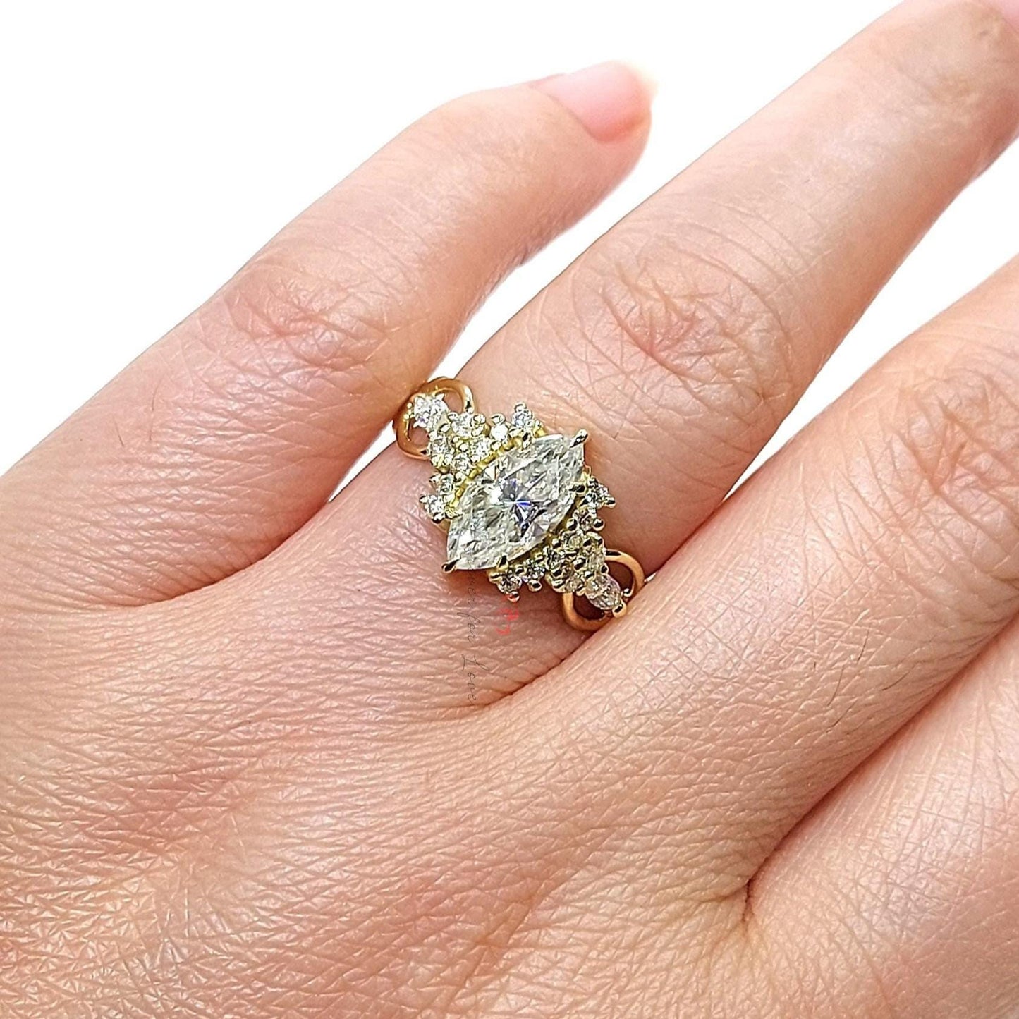 1 Ct Marquise Lab Diamond with Round Diamond Band Ring Marquise cut Moissanite Brilliant Cut engagement ring in 935 Argentium Silver — custom handcrafted by Forever For Love