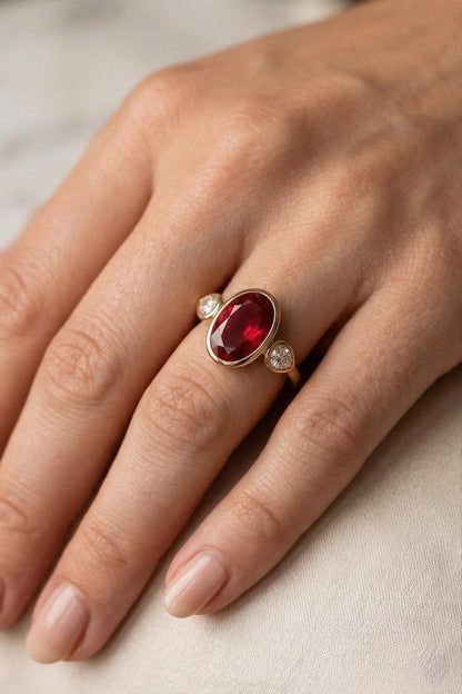 Oval Diamond, Ruby Engagement Ring