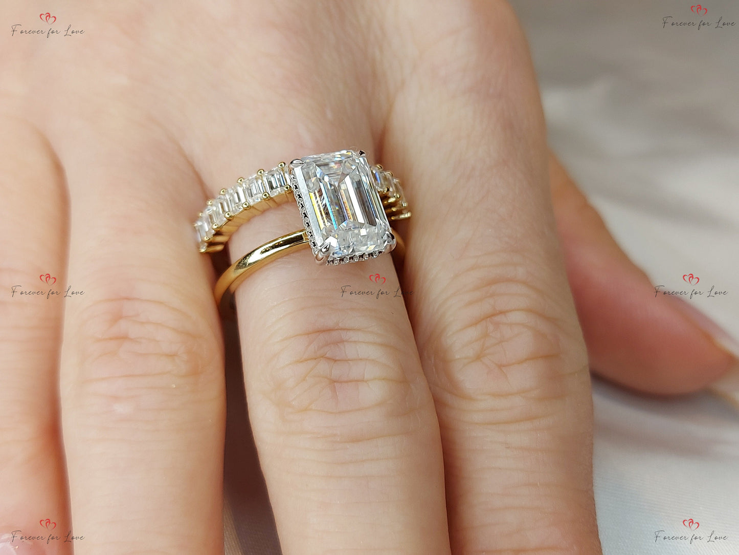4 Ct Emerald Moissanite Eternity Band Emerald cut Moissanite Brilliant Cut engagement ring in 935 Argentium Silver — custom handcrafted by Forever For Love