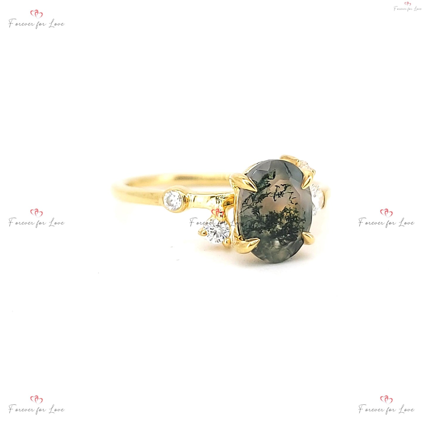 Oval Moss Agate Engagement Ring with Diamond Accents Oval cut Moissanite engagement ring in Gold or Platinum — custom handcrafted by Forever For Love