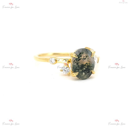 Oval Diamond, Moss Agate Engagement Ring