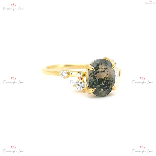 Oval Diamond, Moss Agate Engagement Ring