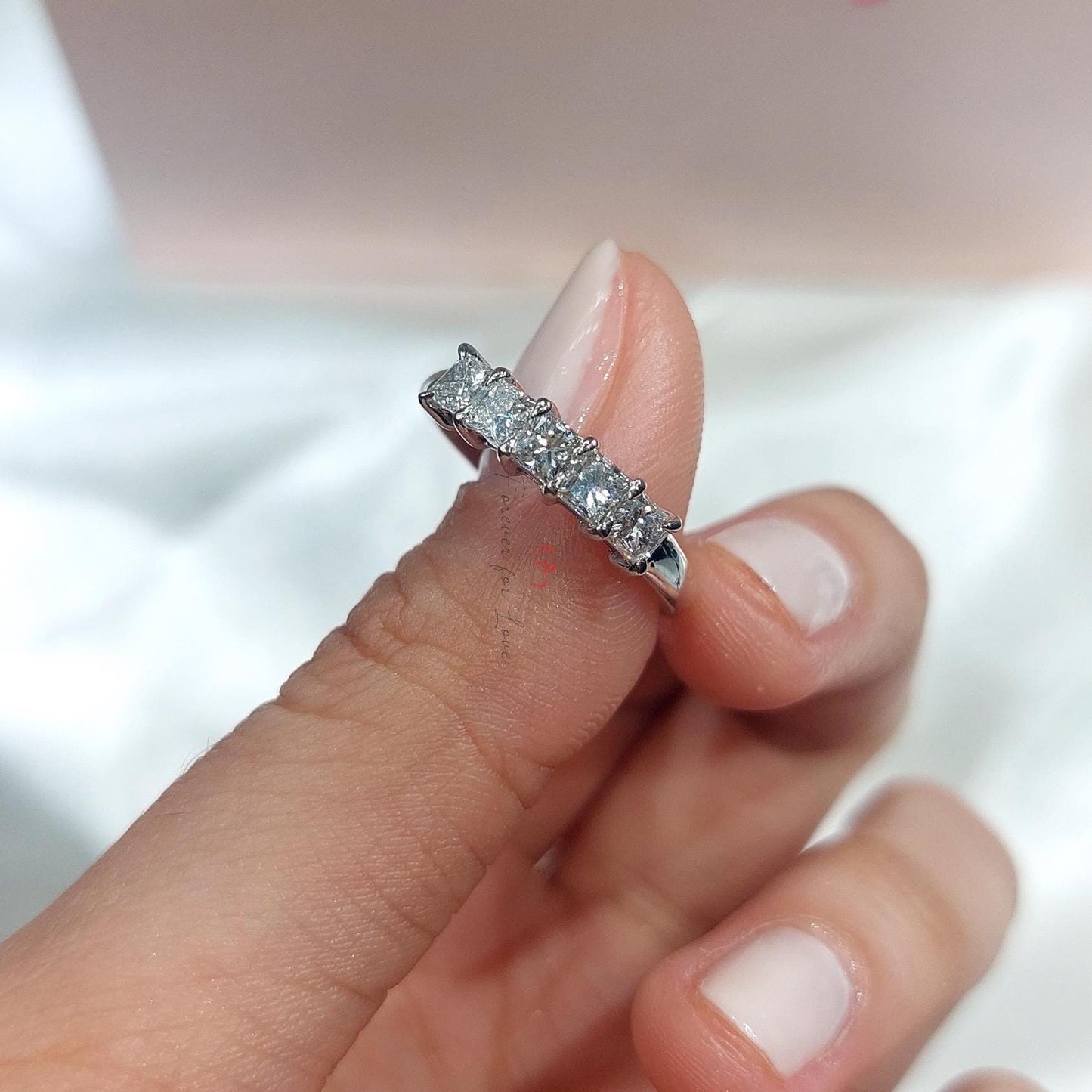 Demi-alliance princesse en diamants de synthèse Princess cut Moissanite taille brillant engagement ring in Gold or Platinum — custom handcrafted by Forever For Love