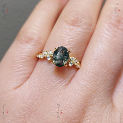 Oval Diamond, Moss Agate Engagement Ring