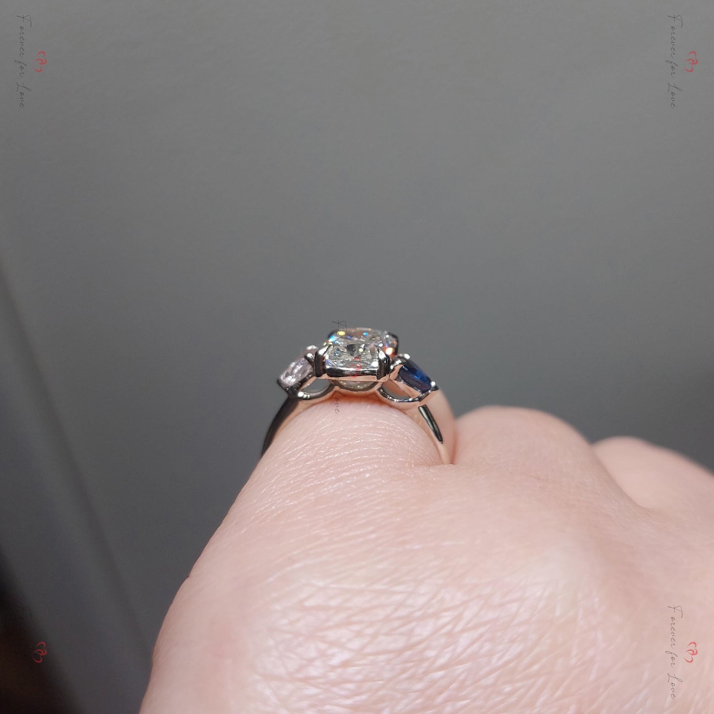 2 Ct Cushion Lab Diamond with Blue Sapphire Hidden Halo Ring Cushion cut 1Ct Moissanite Brilliant Cut engagement ring in 935 Argentium Silver — custom handcrafted by Forever For Love