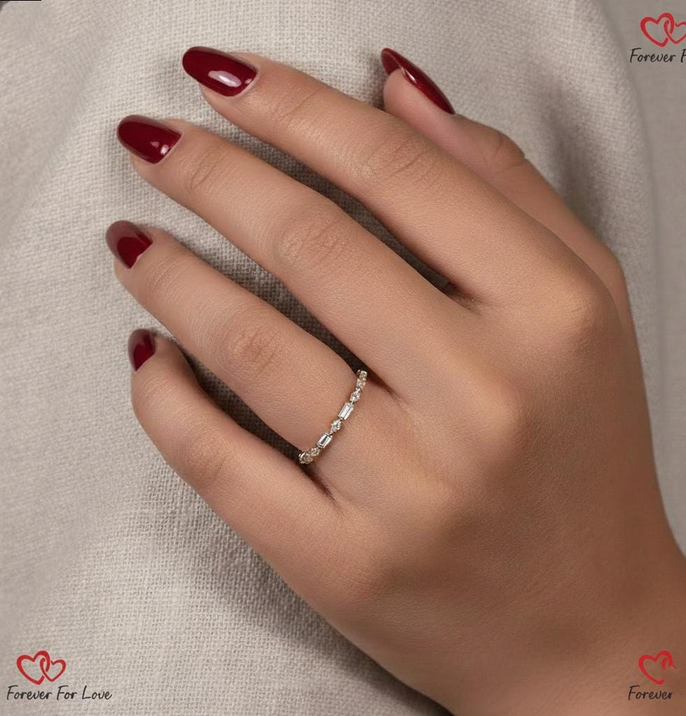 0.7 Ct Baguette Lab Diamond Full Eternity Band Baguette cut Moissanite Brilliant Cut engagement ring in 935 Argentium Silver — custom handcrafted by Forever For Love