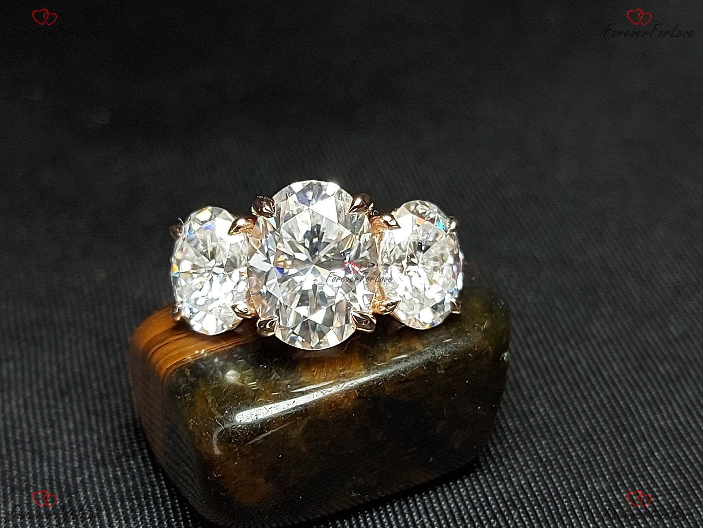 Oval Moissanite Three Stone Engagement Ring Oval cut Moissanite engagement ring in Gold or Platinum — custom handcrafted by Forever For Love