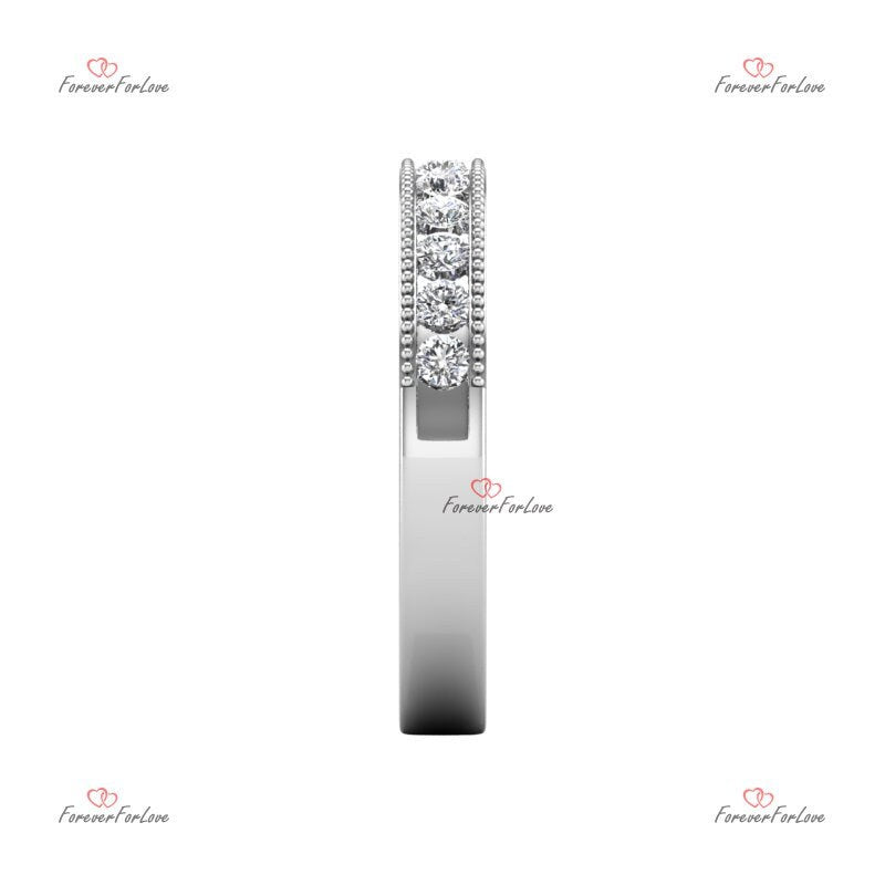 Natural Diamond Half Eternity Band Round cut Moissanite Brilliant Cut engagement ring in 935 Argentium Silver — custom handcrafted by Forever For Love