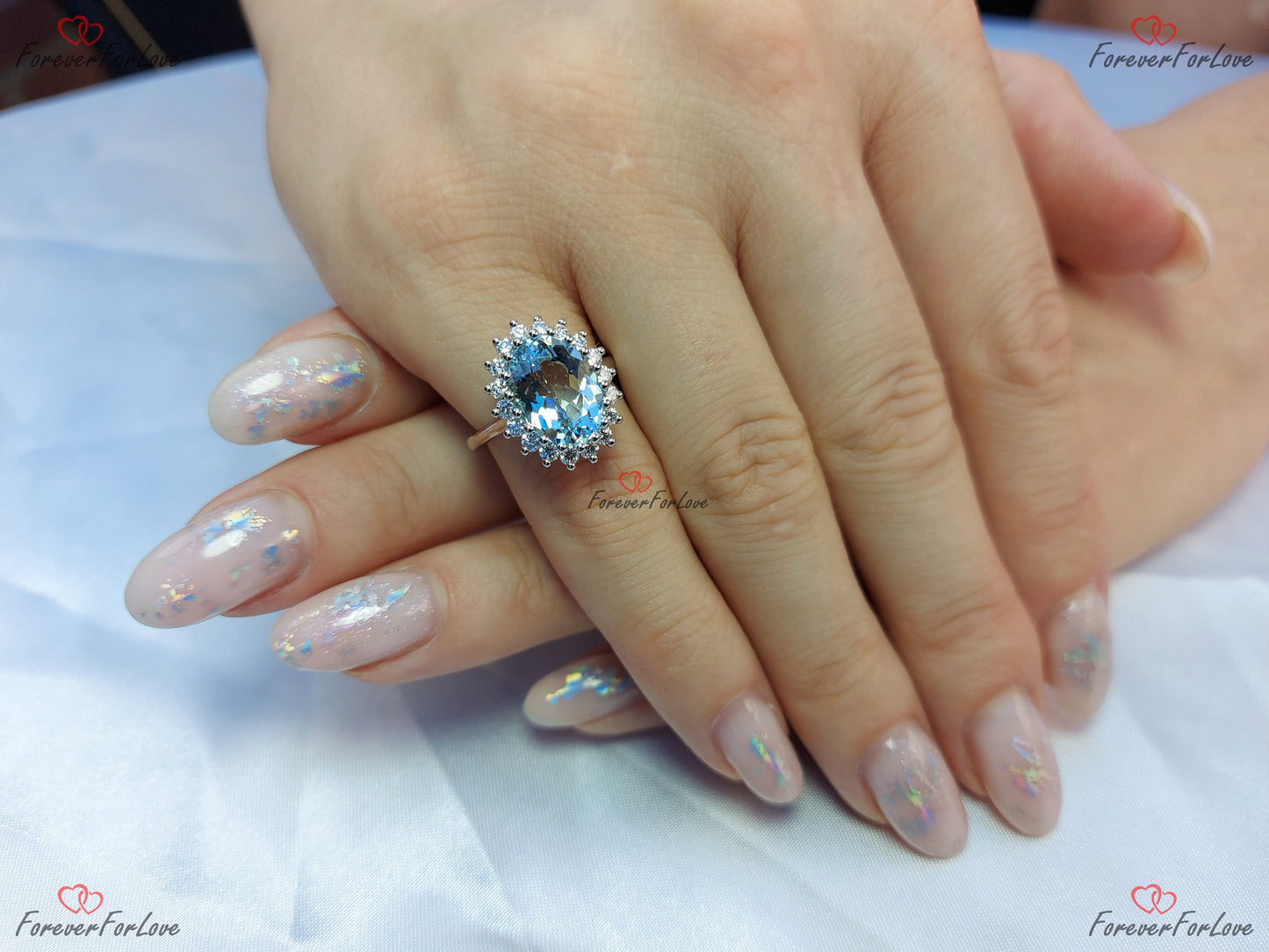 3.5 Ct Diamond and Natural Aquamarine Halo Engagement Ring Oval cut 1Ct Natural Aquamarine engagement ring in 935 Argentium Silver — custom handcrafted by Forever For Love