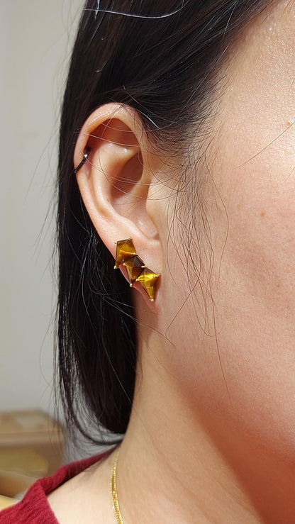 Tiger Eye Earrings · Semiprecious Earrings · Vintage Brown Tiger Earrings · Gold Filled climber Earrings · 18k Gold Vermeil Earrings