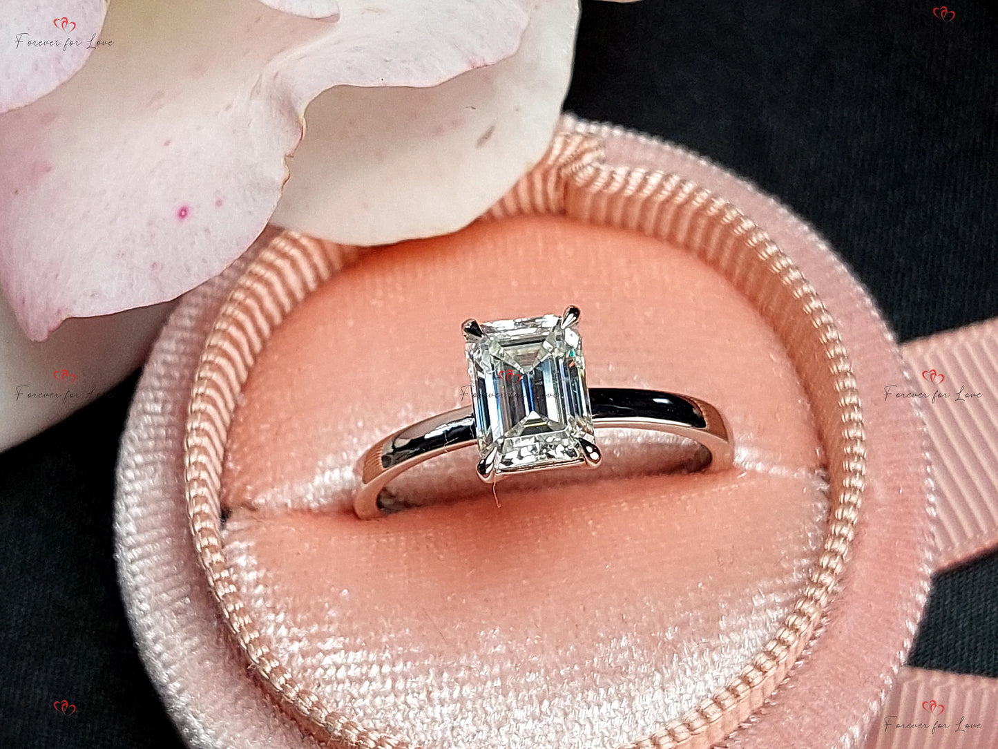 1.5 Ct IGI Certified Emerald Diamond, Emerald Hidden Halo Engagement Ring Emerald cut 1Ct Moissanite Brilliant Cut engagement ring in 935 Argentium Silver — custom handcrafted by Forever For Love