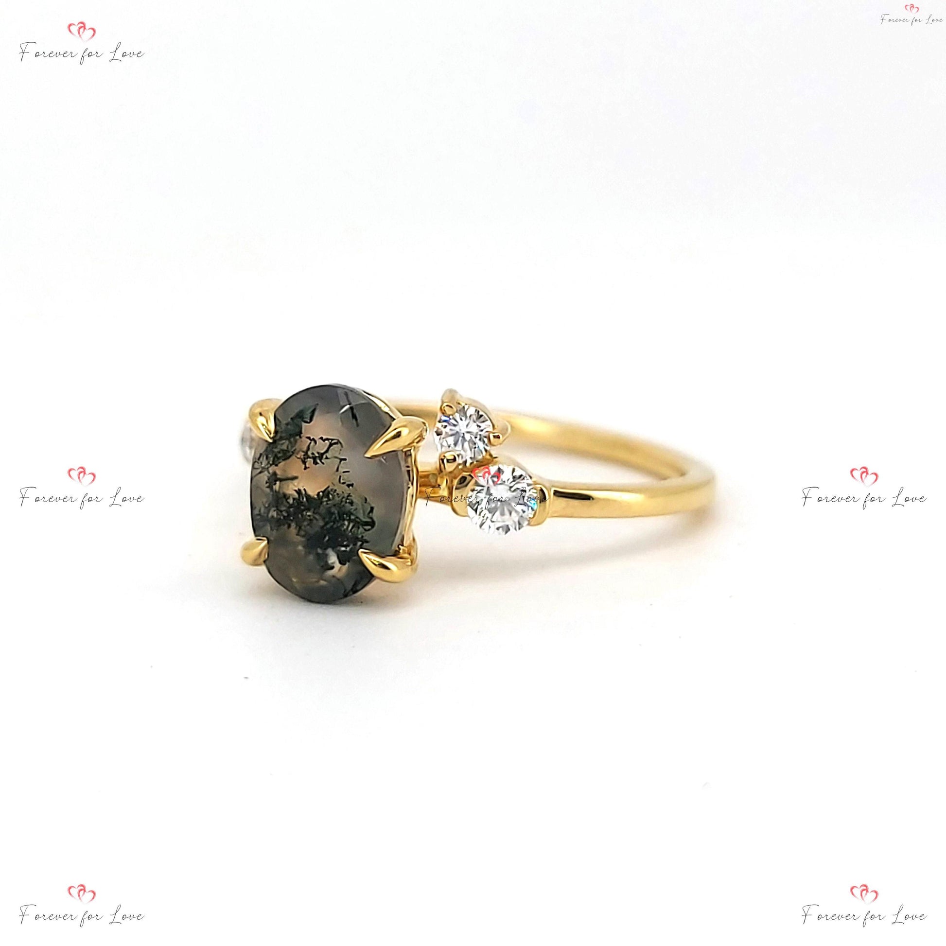 Oval Diamond, Moss Agate Engagement Ring