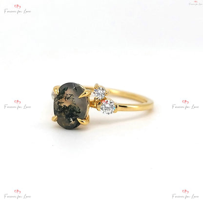 Oval Diamond, Moss Agate Engagement Ring