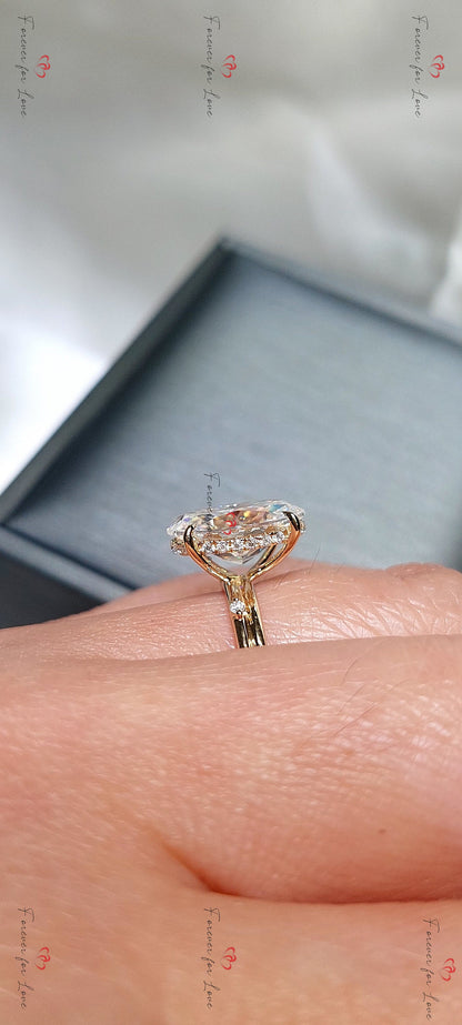 4 Ct Oval Diamond, Moissanite Hidden Halo Engagement Ring