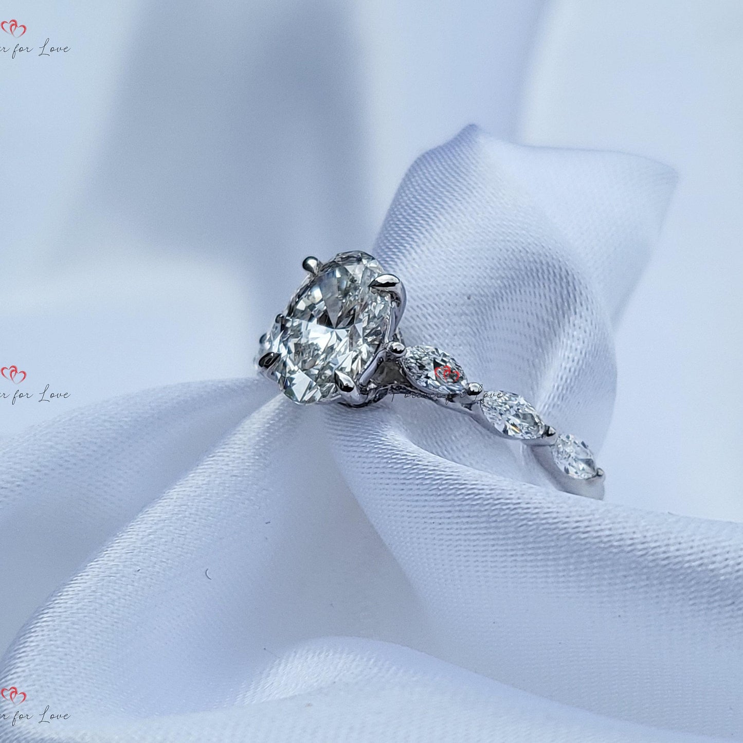 1 Ct IGI Certified Oval Diamond Solitaire with Marquise Accents Oval cut 1Ct Moissanite Brilliant Cut engagement ring in 935 Argentium Silver — custom handcrafted by Forever For Love