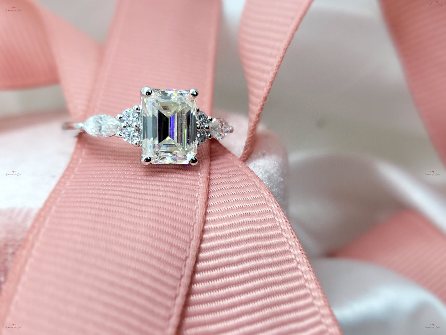Vintage Emerald Cut Moissanite engagement ring unique Cluster gold engagement ring marquise diamond wedding Bridal art deco Anniversary. Marquise cut Moissanite engagement ring in Gold or Platinum — custom handcrafted by Forever For Love