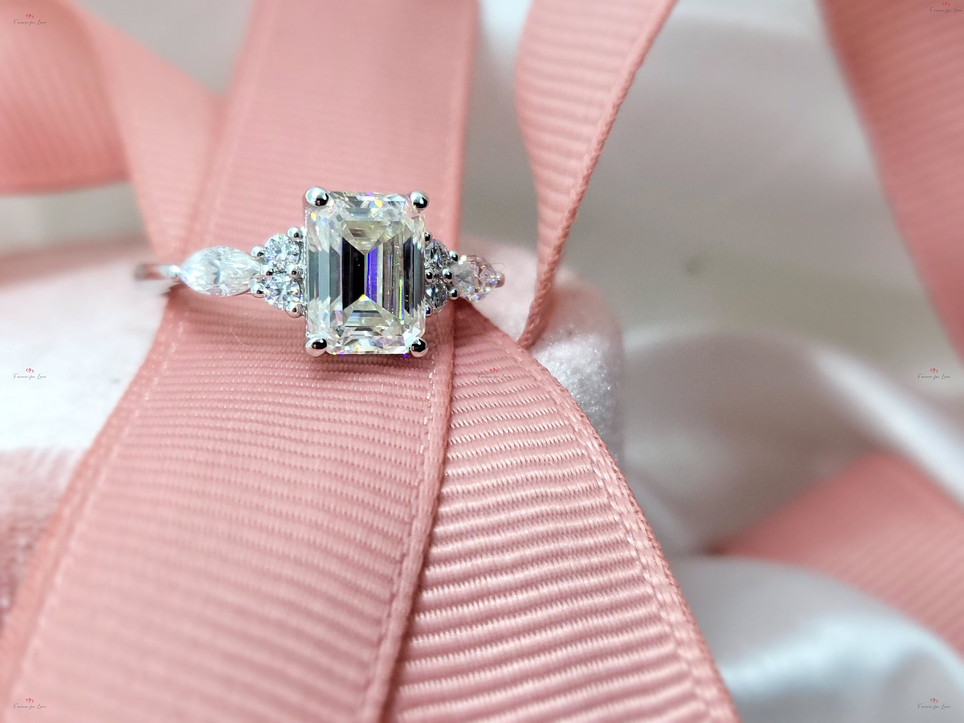 Vintage Emerald Cut Moissanite engagement ring unique Cluster gold engagement ring marquise diamond wedding Bridal art deco Anniversary.