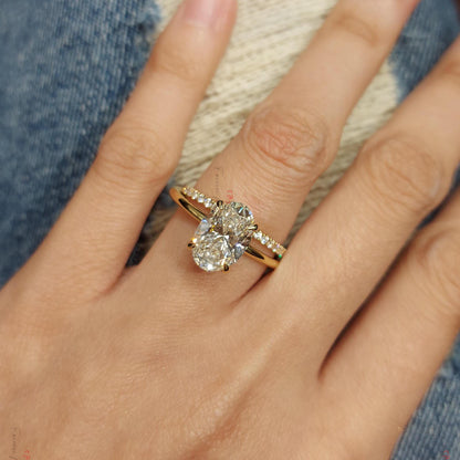 2.2 Carat Oval Cut Lab Grown Diamond Solitaire Engagement Ring & Matching Round Diamond Wedding Band, IGI Certified D/VVS2, 14K Yellow Gold.