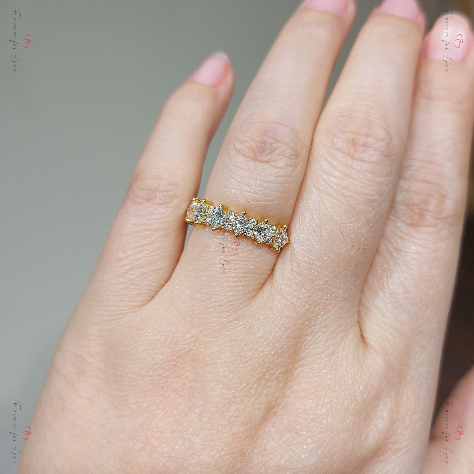 Princess Cut Diamond Half Eternity Ring 3mm 18k 14k natural Wedding Band Pave Setting. Yellow Rose White Gold Platinum certified.