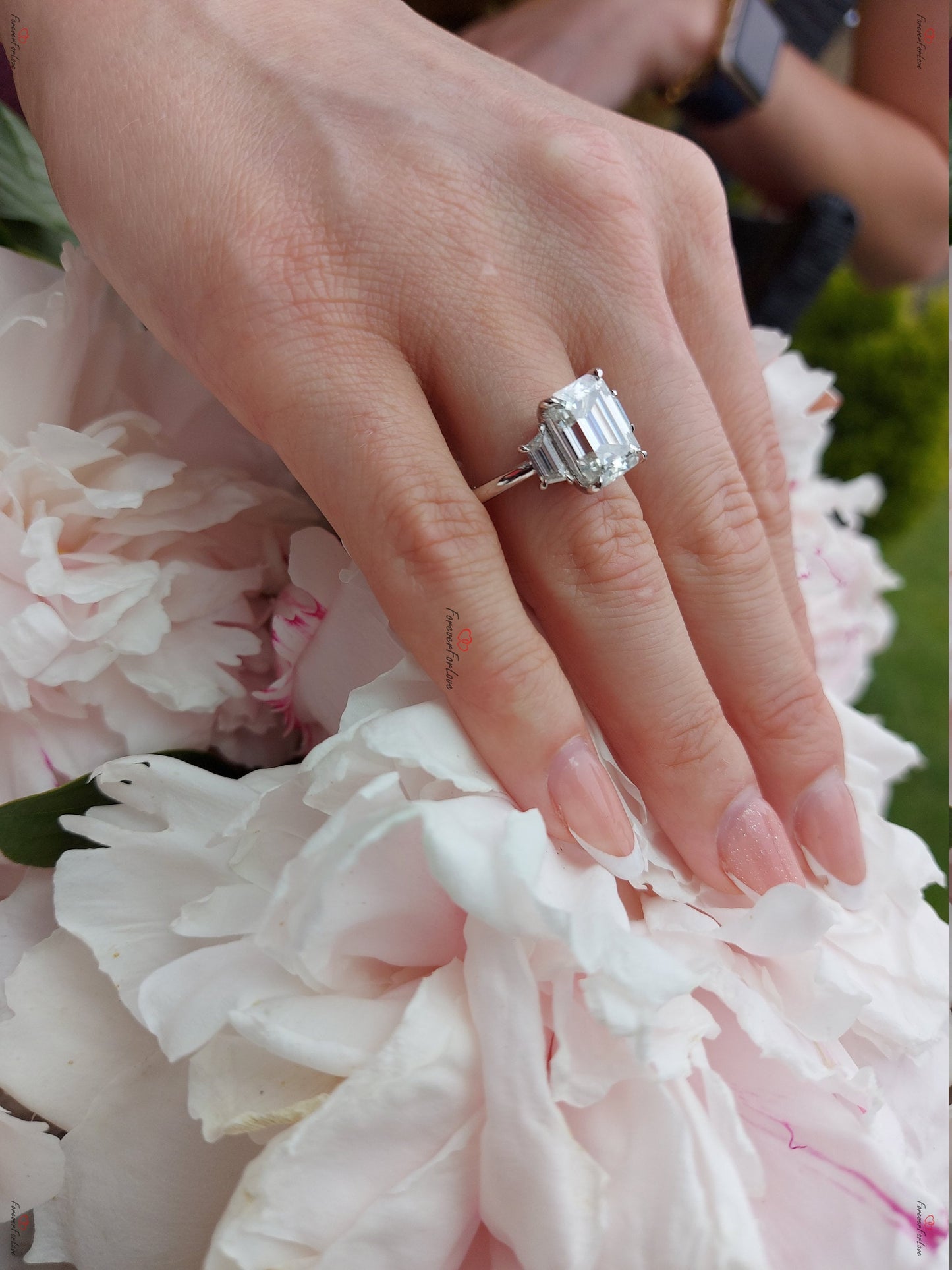 5 Ct Emerald Moissanite Trapezoid Three Stone Ring Emerald cut Moissanite engagement ring in Gold or Platinum — custom handcrafted by Forever For Love