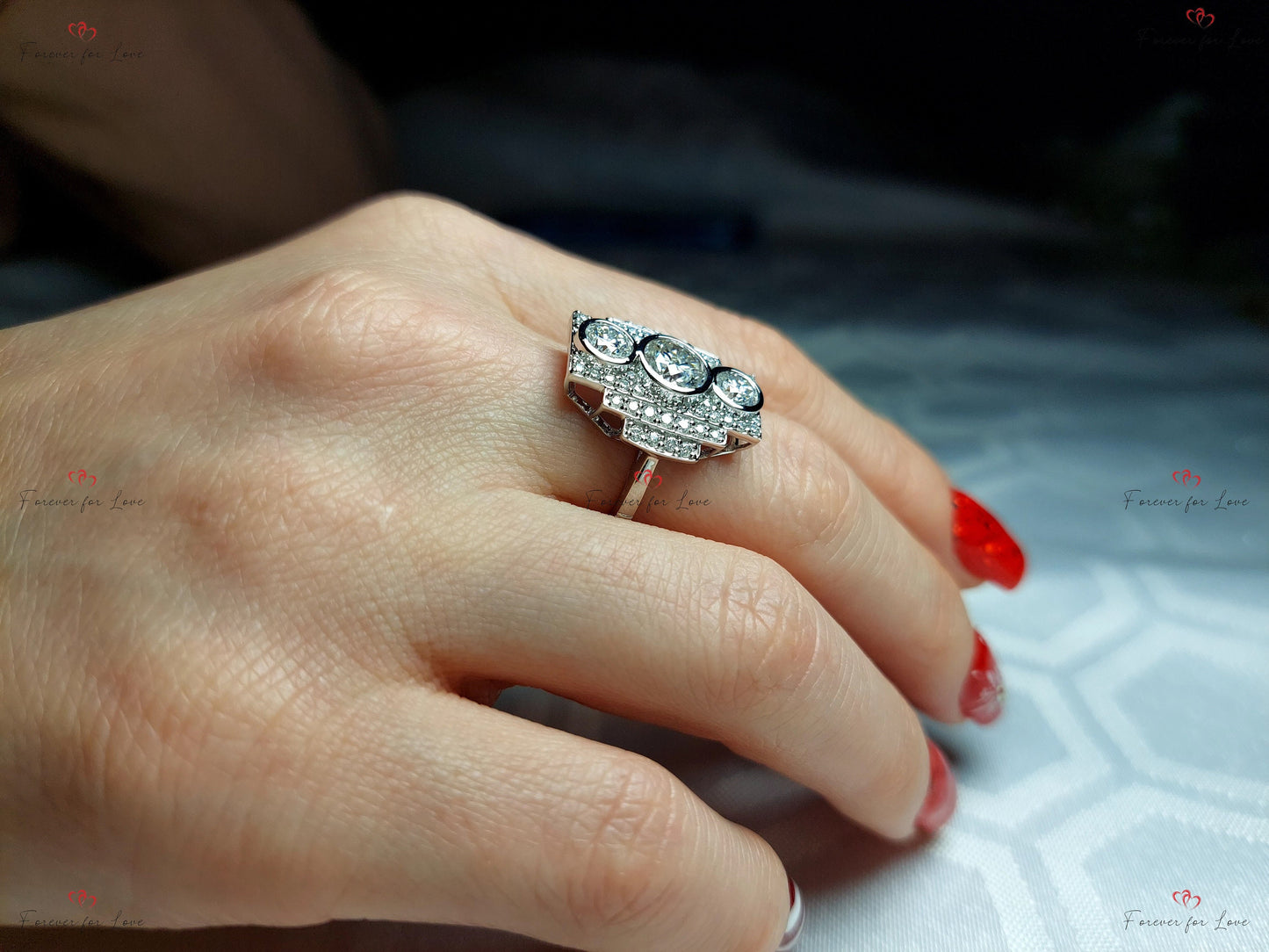 Round Lab Diamond Three Stone Classic Engagement Ring Round cut Moissanite engagement ring in Gold or Platinum — custom handcrafted by Forever For Love
