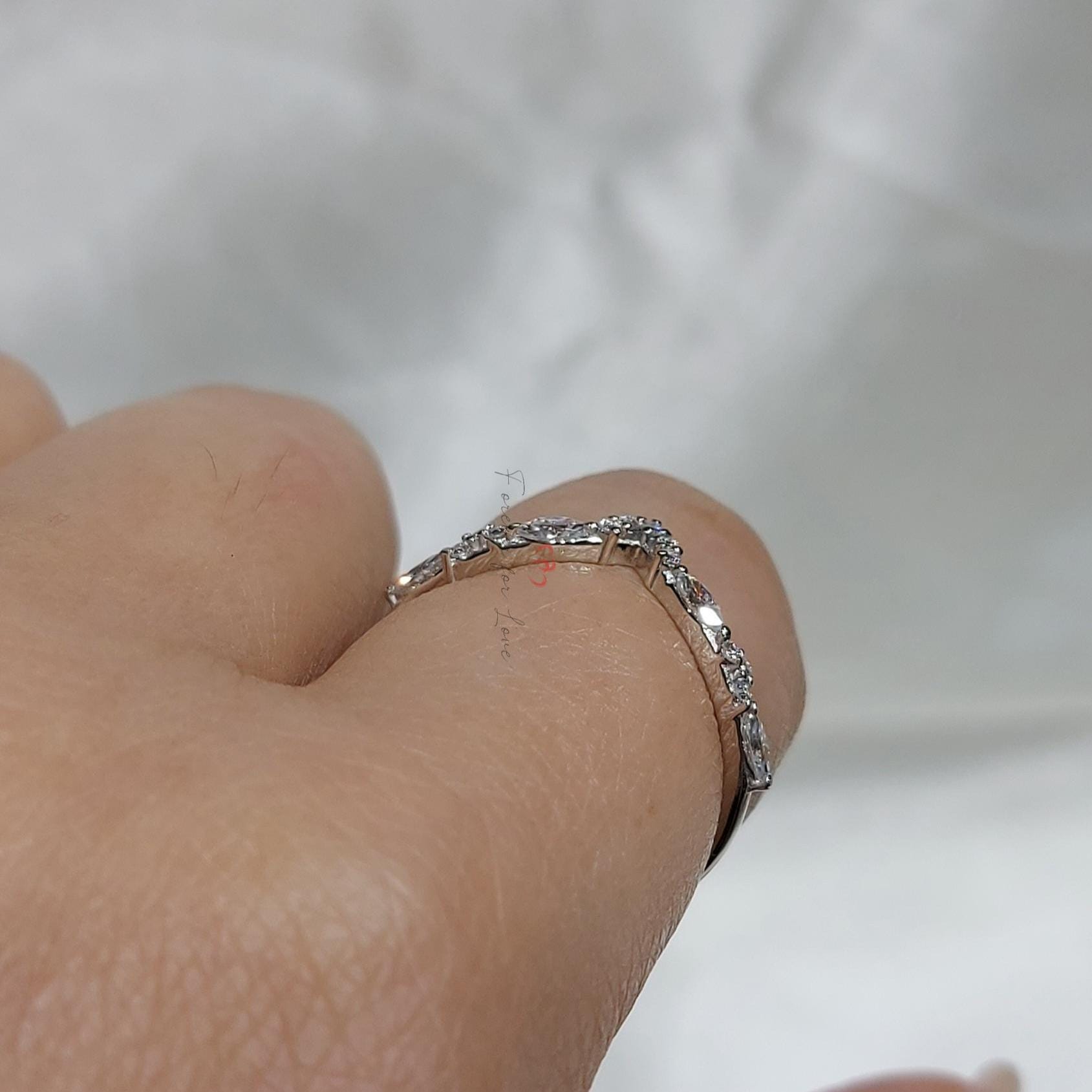 Chevron Stacking Ring, Round Marquise Lab Grown Diamond Curved Wedding Band Women,14k Gold Stackable Ring, Thin Wishbone Ring Enhancer