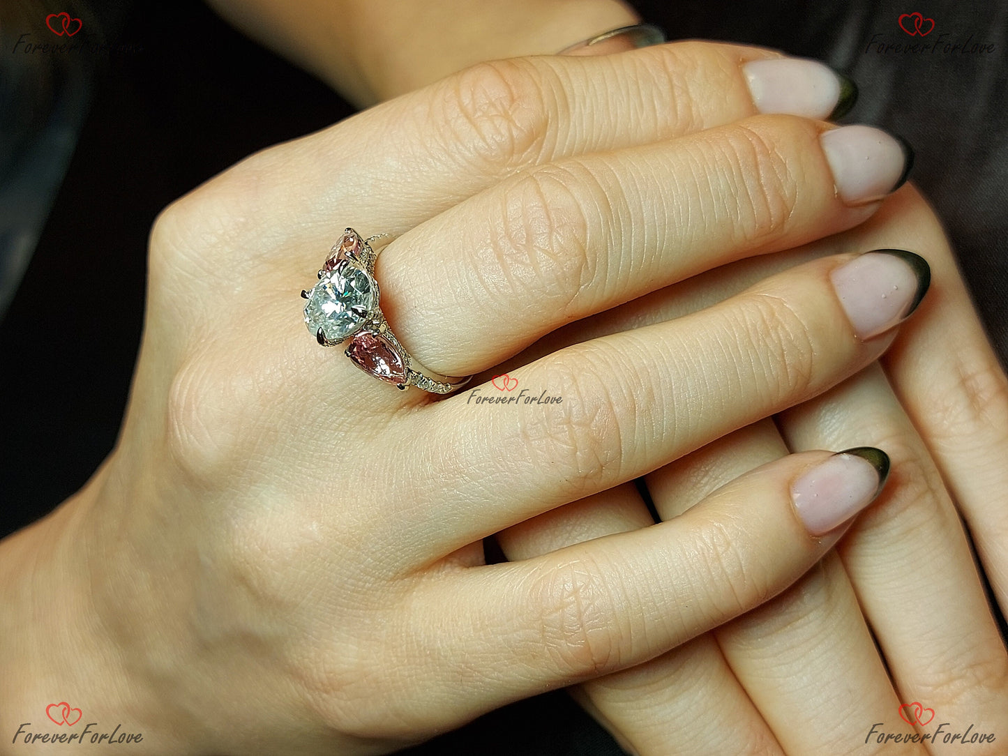 2.5 Ct Oval Pink Moissanite, Sapphire Three Stone Engagement Ring Oval cut Moissanite engagement ring in Gold or Platinum — custom handcrafted by Forever For Love